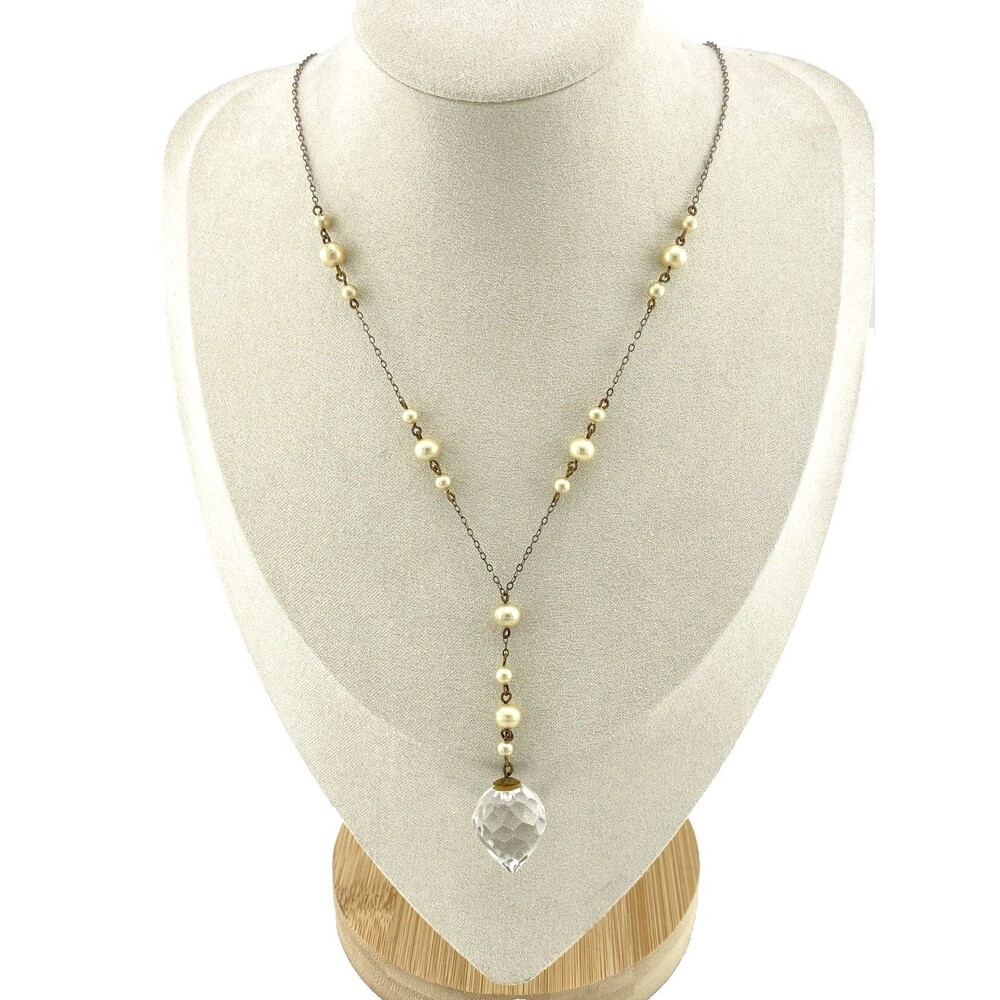 Antique Art Deco Faceted Crystal Faux Pearl Lavalier Y Drop Necklace 20.5"